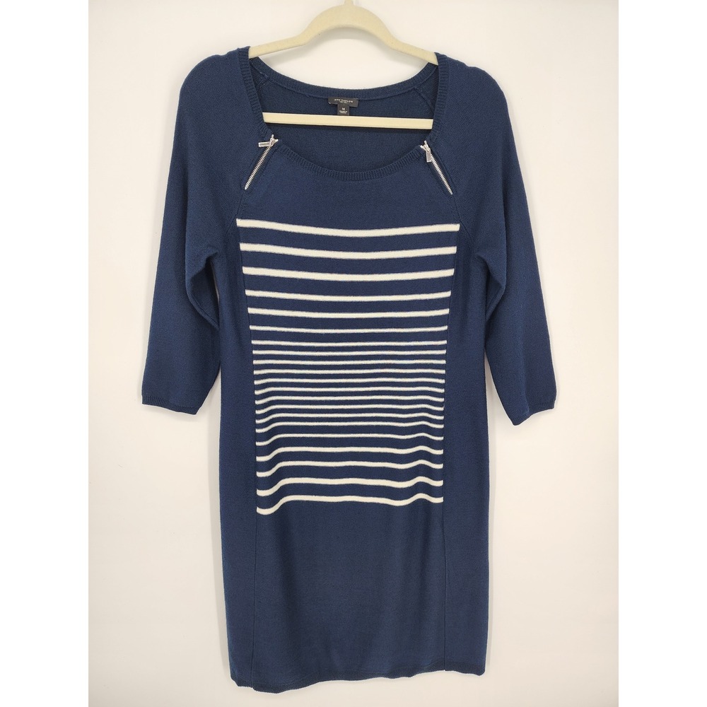 Ann Taylor Striped Knit Sweater Dress Medium Navy Blue Zip Shoulder Merino Wool